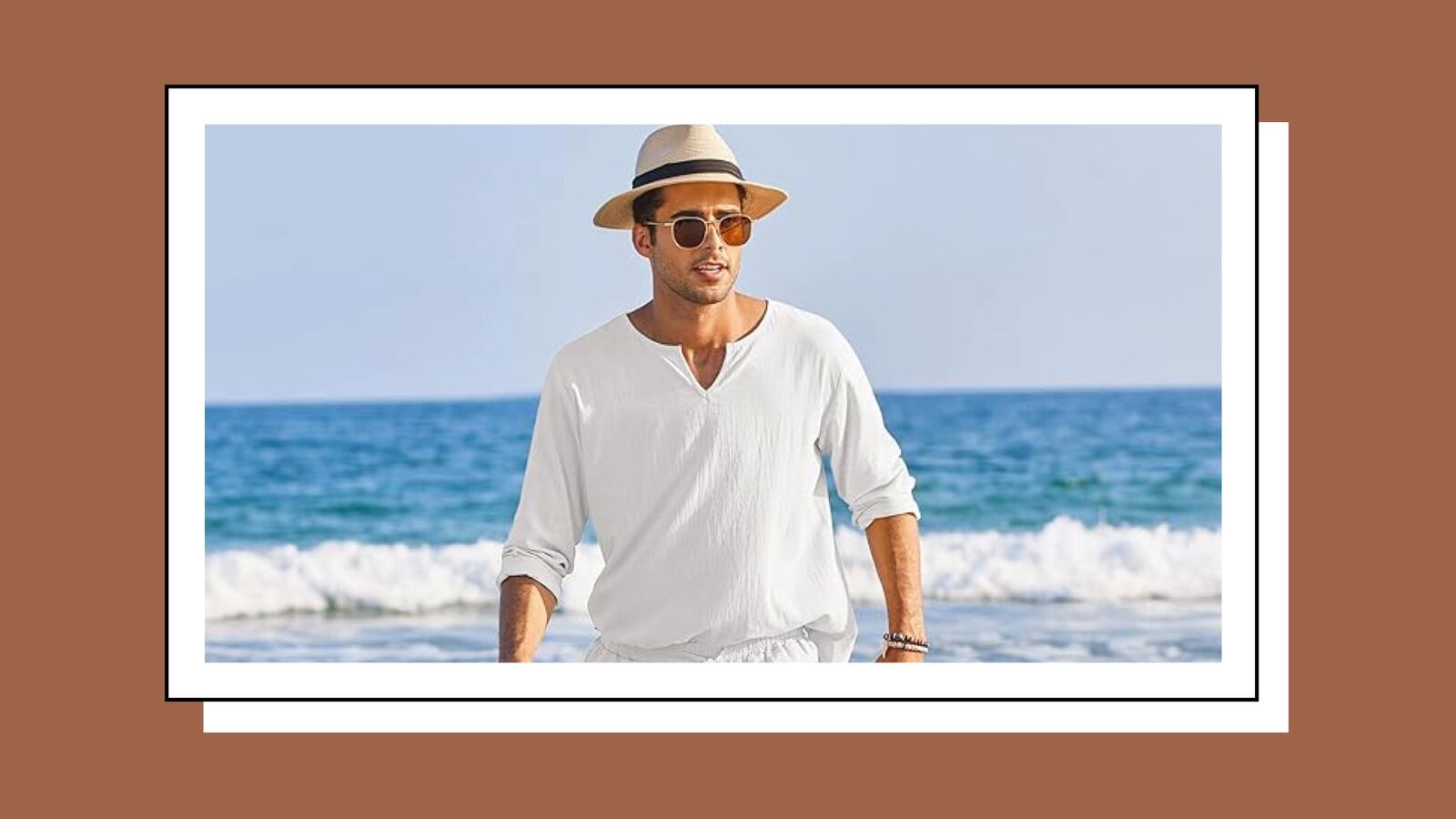 Coofandy man in straw hat and matching set walking in the waves