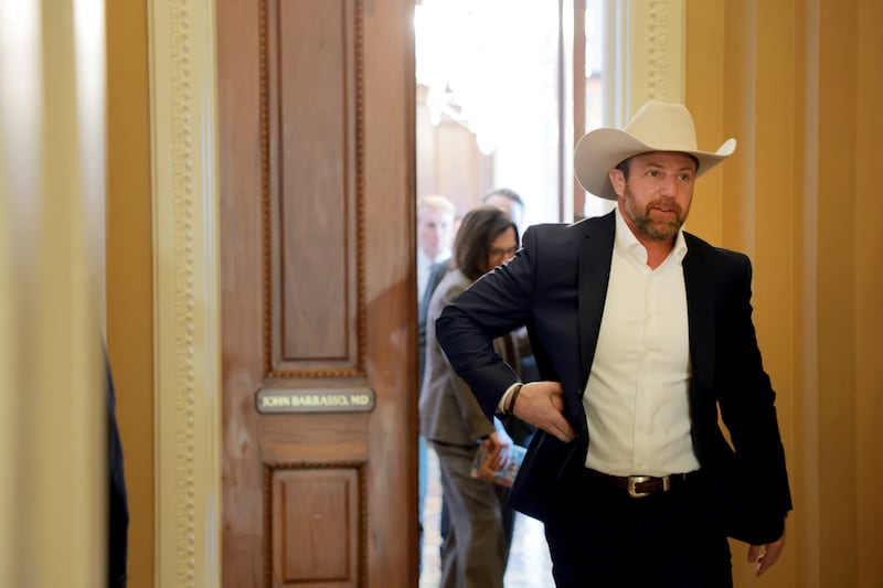 Sen. Markwayne Mullin (R-OK) arrives to the weekly Senate Republican policy luncheon at the U.S. Capitol on January 28, 2026