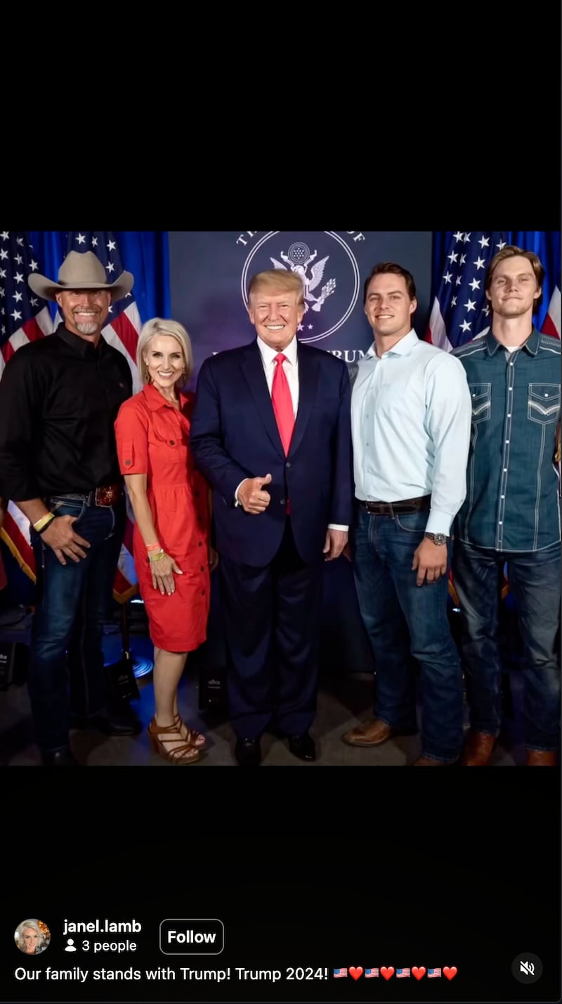 Mark Lamb’s wife, Janel Lamb, posted this photo with President Donald Trump and her husband, left.