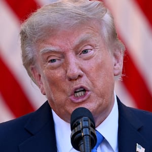 President Donald Trump speaks while hosting a Rose Garden dinner at the White House in Washington, DC, on September 2, 2026.