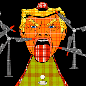 Donald Trump as a mini golf figure made out of tartan plaid and wind turbines spinning