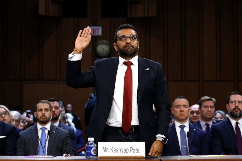 WASHINGTON, DC - JANUARY 30: Kash Patel, U.S. President Donald Trump’s nominee to be Director of the Federal Bureau of Investigation (FBI), is sworn in during his confirmation hearing before the Senate Judiciary Committee in the Dirksen Senate Office Building on January 30, 2025 in Washington, DC. Patel, a former public defender, federal prosecutor and Trump loyalist, is facing opposition from Democrats over his past criticism of the Justice Department and FBI. (Photo by Anna Moneymaker/Getty Images)