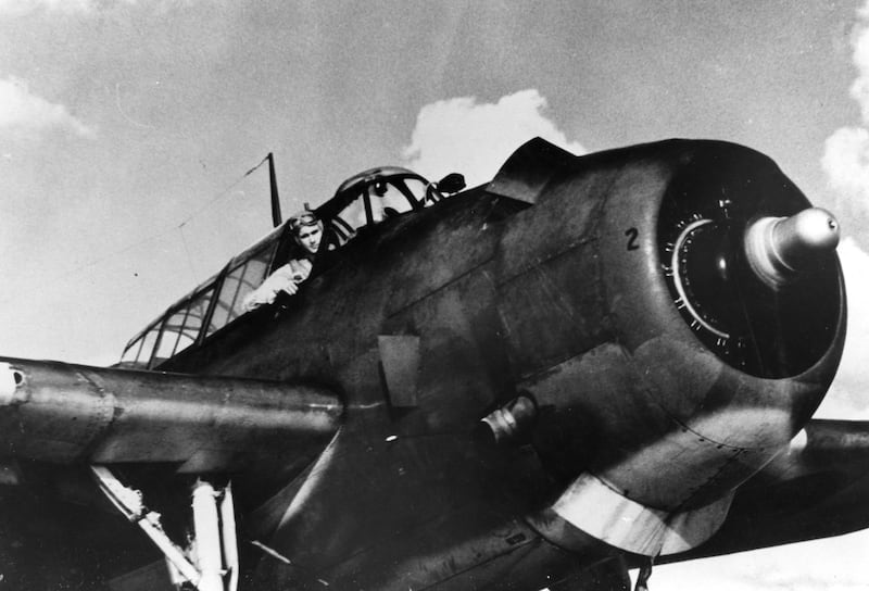 1945: American pilot and future President of the United States George Bush in his VT-51 Avenger.