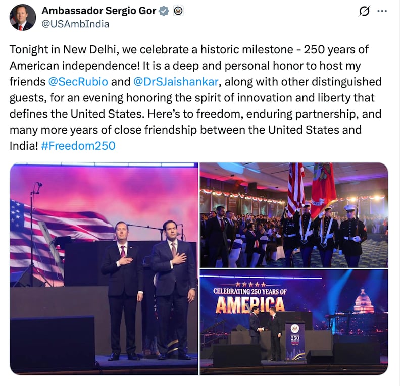 Ambassador Sergio Gor posts from the 250th anniversary event in India.
