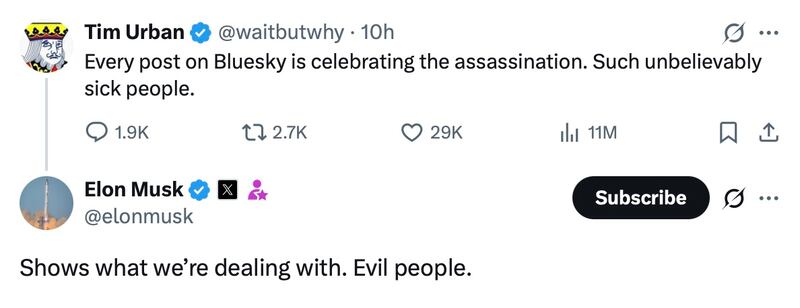 Elon Musk posts on X after Charlie Kirk's death.