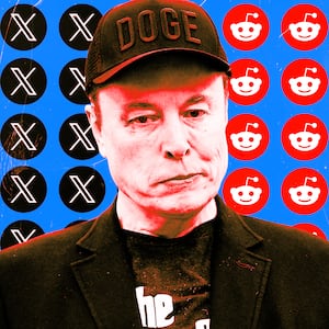 A photo illustration of Elon Musk, and logos of X and Reddit.
