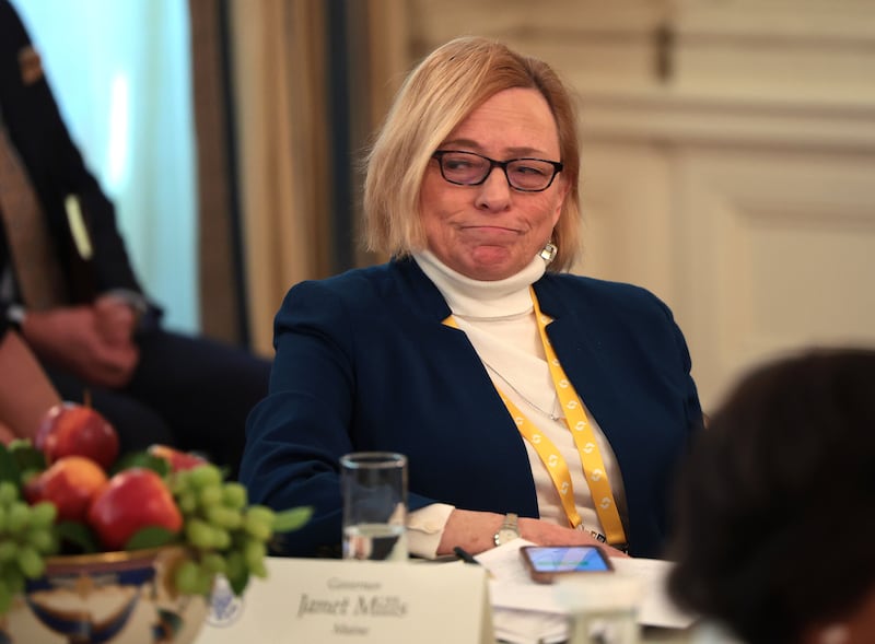 WASHINGTON, DC - FEBRUARY 21: Gov. Janet Mills (D-ME) challenges U.S. President Donald Trump over trans women in sports as Trump addresses a meeting of governors at the White House on February 21, 2025 in Washington, DC.