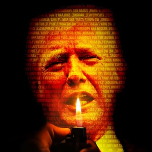 Donald Trump with a light lighter in front of his face with the lyrics of "we didn't start the fire" covering his face