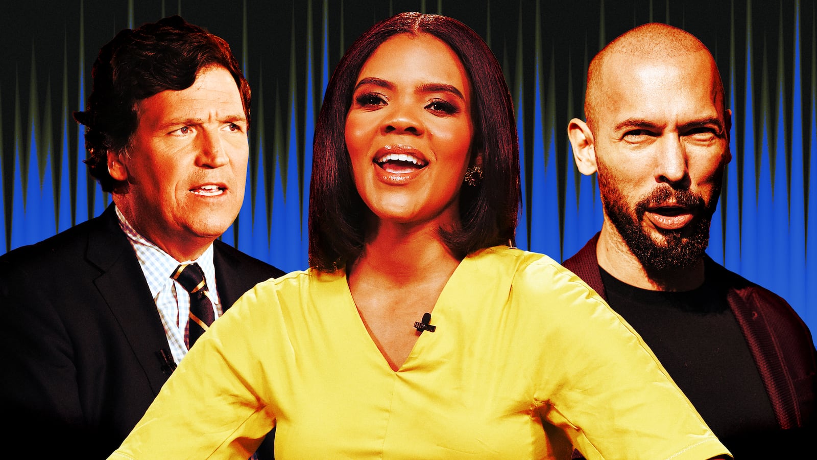 A photo illustration of Tucker Carlson, Candace Owens, and Andrew Tate.