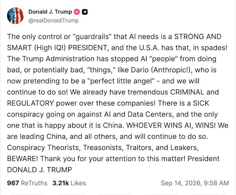 Trump accuses those who've voiced concerns with AI of being traitors.