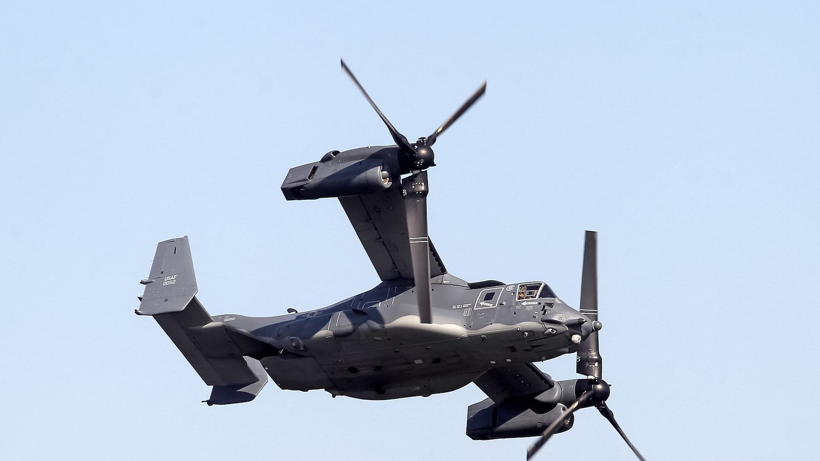 A CV-22B Osprey tilt-rotor military aircraft