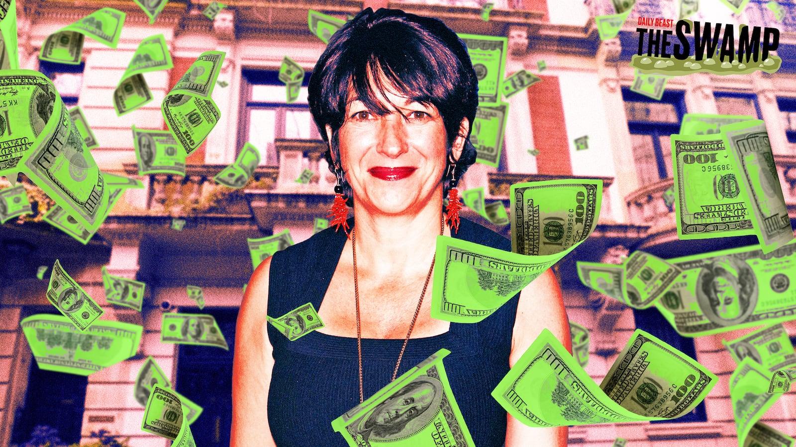 A photo illustration of Ghislaine Maxwell placed in front of her East 65th Street in Manhattan home and green money flying around.