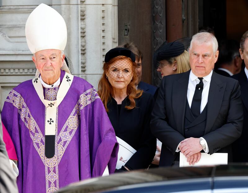 Cardinal Vincent Nichols, Archbishop of Westminster, Sarah Ferguson, Duchess of York and Prince Andrew, Duke of York attend Katharine, Duchess of Kent's Requiem Mass service