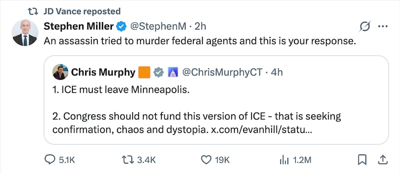 JD Vance reposts Stephen Miller's claim that Minneapolis man shot by ICE was an "assassin."
