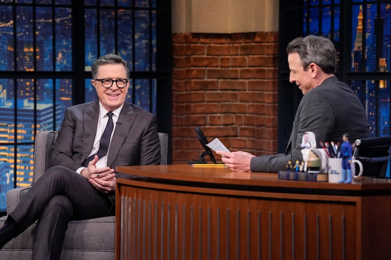 Comedian Stephen Colbert during an interview with host Seth Meyers on January 27, 2026.