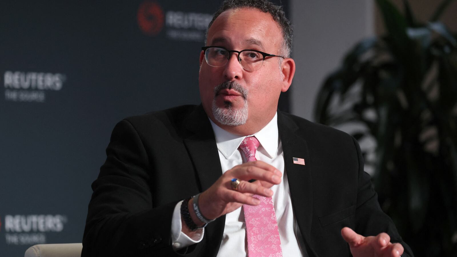 Miguel Cardona, U.S. secretary of education, speaks during the ReutersNEXT Newsmaker event in New York City, New York, Nov. 9, 2023.