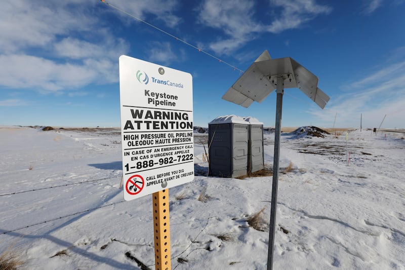 The Keystone XL crude oil pipeline route lays idle after work was stopped on the construction last week near Oyen, Alberta, Canada February 1, 2021.