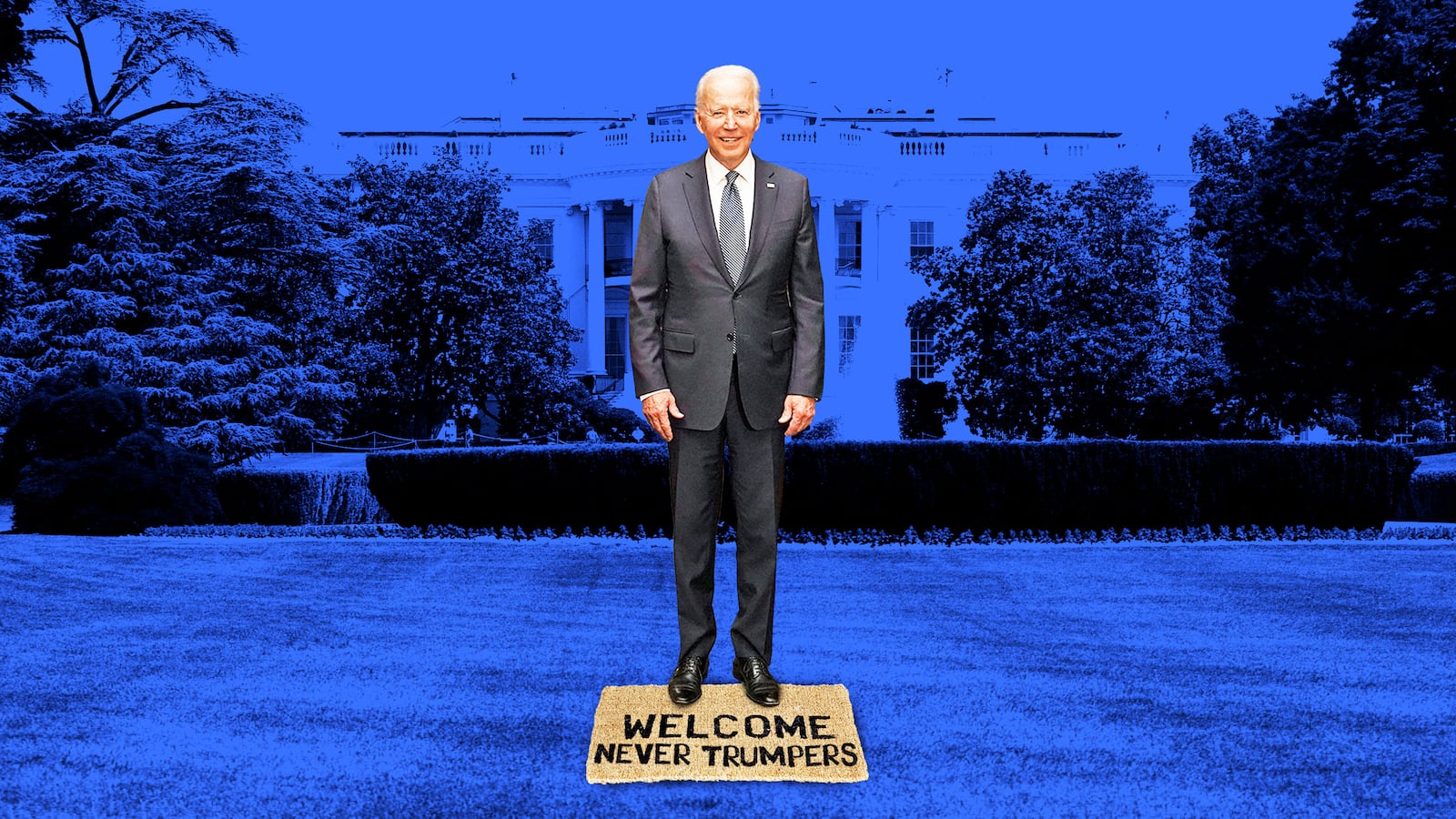 A photo illustration of Joe Biden standing on a welcome mat outside of the white house that says "welcome never trumpers'