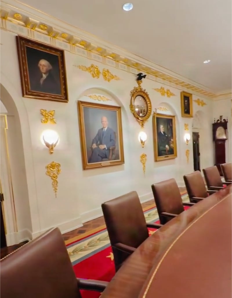 There is no shortage of gold accents in the Cabinet Room these days, as shown in a video shared by the White House adviser Dan Scavino.