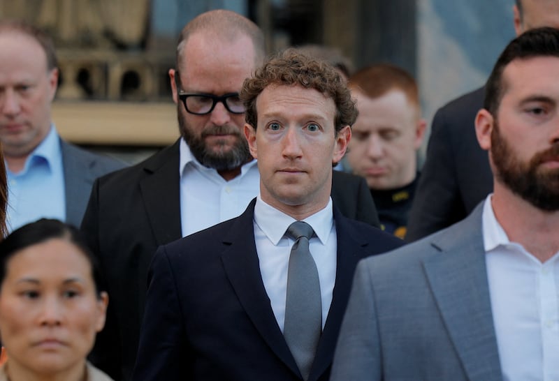 Meta Platforms CEO Mark Zuckerberg departs the court in Los Angeles, California. REUTERS/Mike Blake.