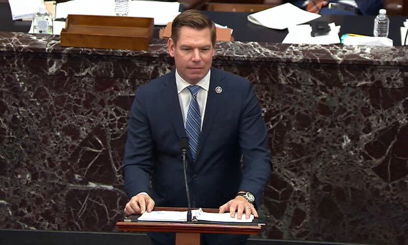 Impeachment Manager Rep. Eric Swalwell  arguing before the Senate during the second day of Trump's second impeachment trial at the U.S. Capitol on February 10, 2021.