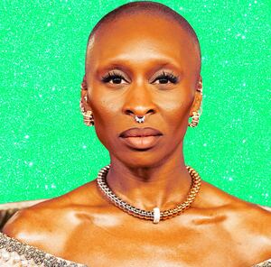 A photo illustration of Cynthia Erivo on a green glitter background.