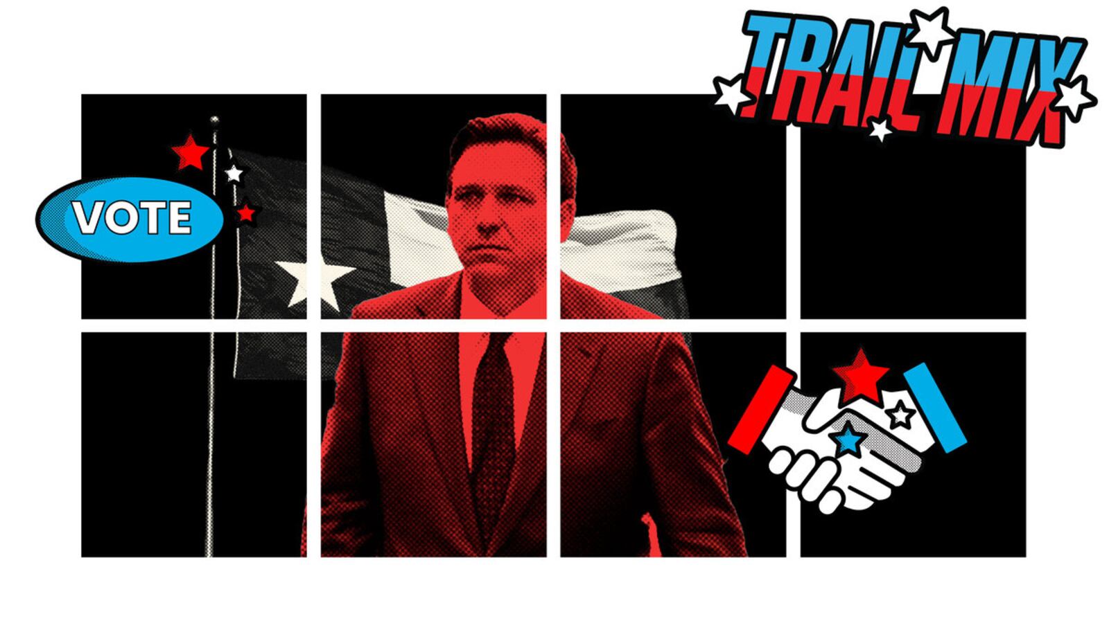 A photo illustration of Ron DeSantis in front of a Texas flag