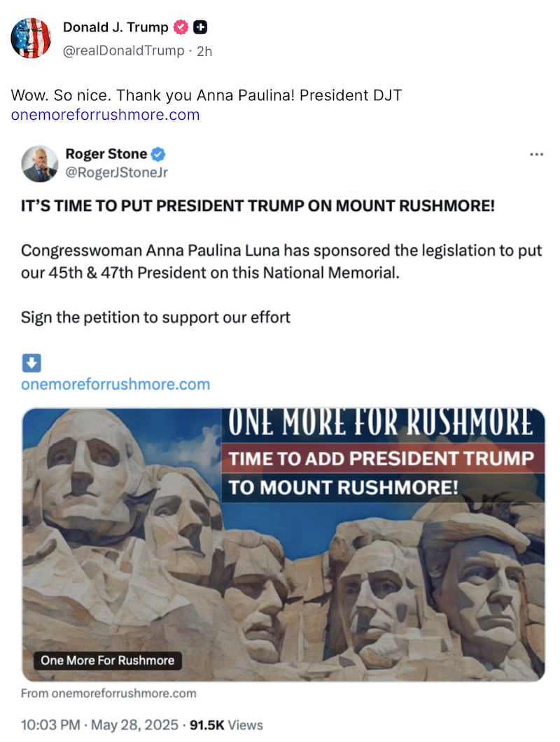 Donald Trump posts about the being on Mount Rushmore on Truth Social.
