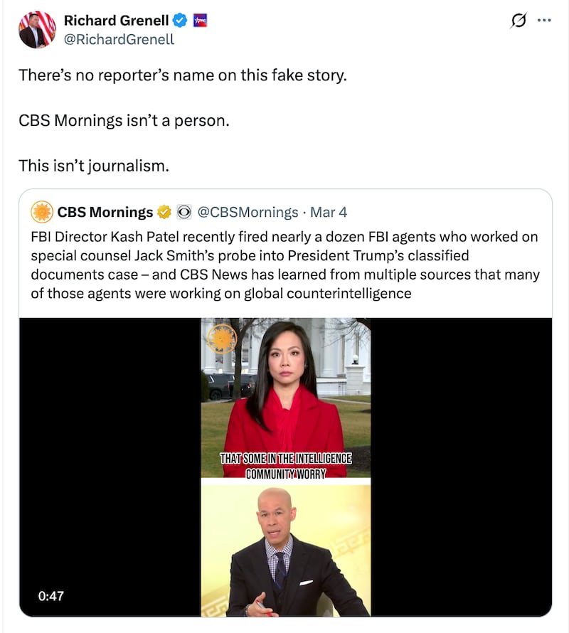 Grenell criticized a CBS Mornings story about FBI Director Kash Patel.