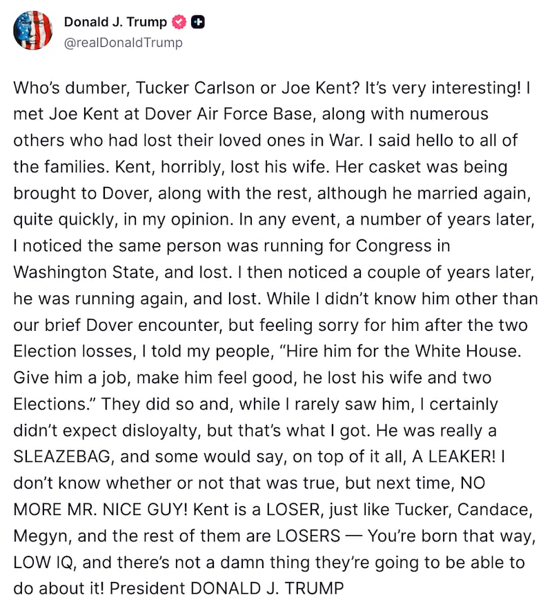 Donald Trump Truth Social post about Joe Kent