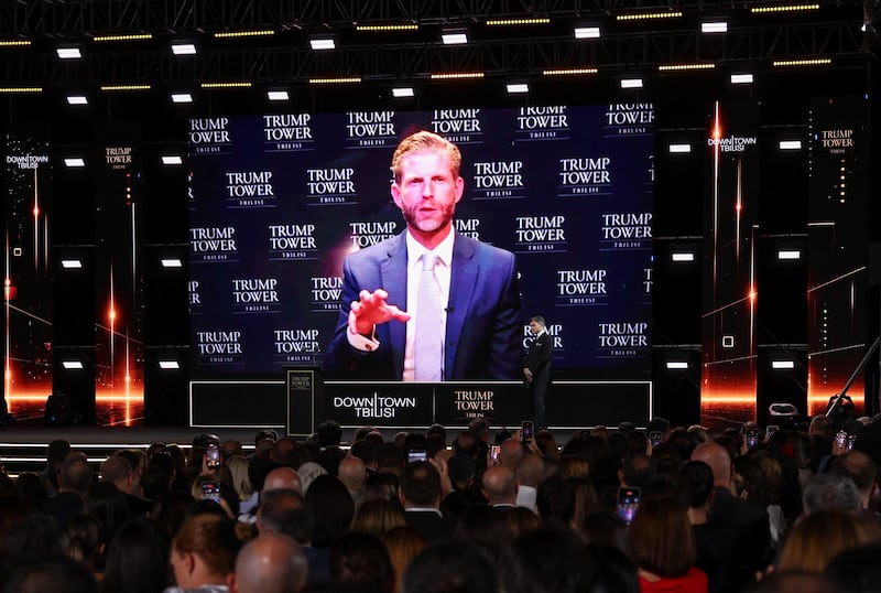 Eric Trump, businessman and son of U.S. President Donald Trump, addresses the audience via a video link during the official presentation of Trump Tower Tbilisi, a proposed 70-storey skyscraper earlier announced by The Trump Organization and international developers that is expected to become the tallest building in the country, in Tbilisi, Georgia, September 15, 2026.
