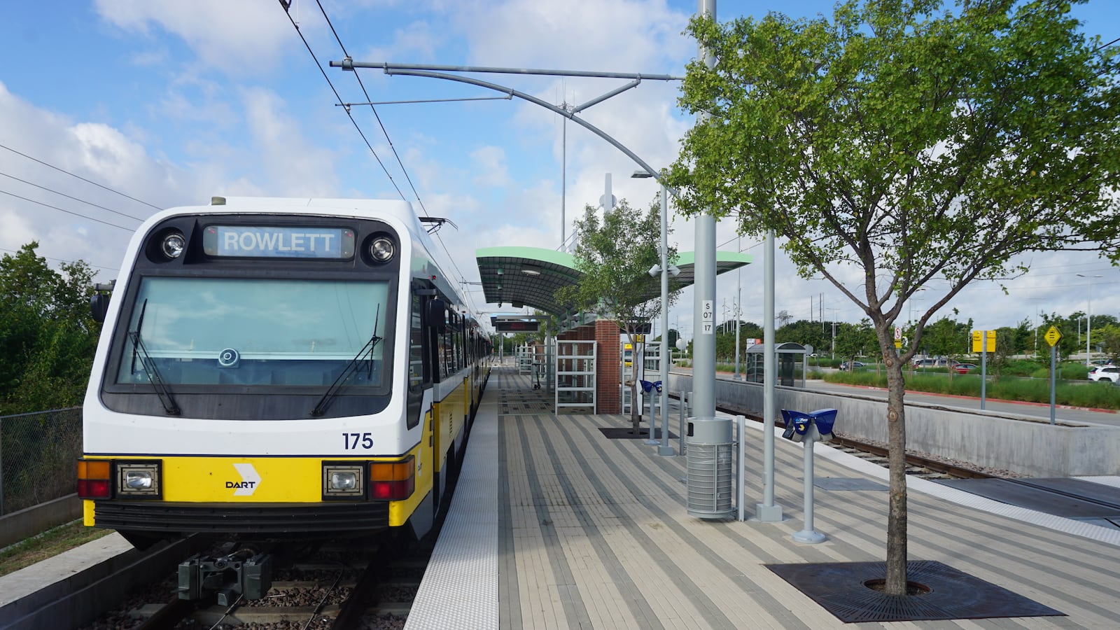 A DART Light Rail Blue Line train at UNT Dallas Station in Dallas, Texas.