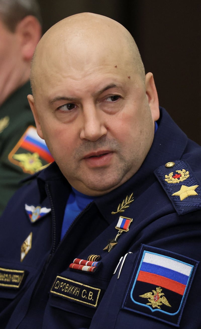 Commander of Russia's Aerospace Forces Sergei Surovikin attends a meeting with President Vladimir Putin in Sochi, Russia, November 3, 2021. Sputnik/Mikhail Metzel/Pool via REUTERS ATTENTION EDITORS - THIS IMAGE WAS PROVIDED BY A THIRD PARTY. THIS PICTURE WAS PROCESSED BY REUTERS TO ENHANCE QUALITY. AN UNPROCESSED VERSION HAS BEEN PROVIDED SEPARATELY.
