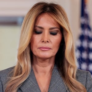 U.S. first lady Melania Trump delivers remarks regarding the late financier and convicted sex offender Jeffrey Epstein from the Grand Foyer of the White House in Washington, D.C., U.S., April 9, 2026.
