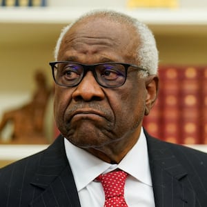 U.S. Supreme Court Associate Justice Clarence Thomas looks on, on the day of swearing ceremony of Pam Bondi as U.S. Attorney General at the White House in Washington, U.S., February 5, 2025. REUTERS/Kent Nishimura