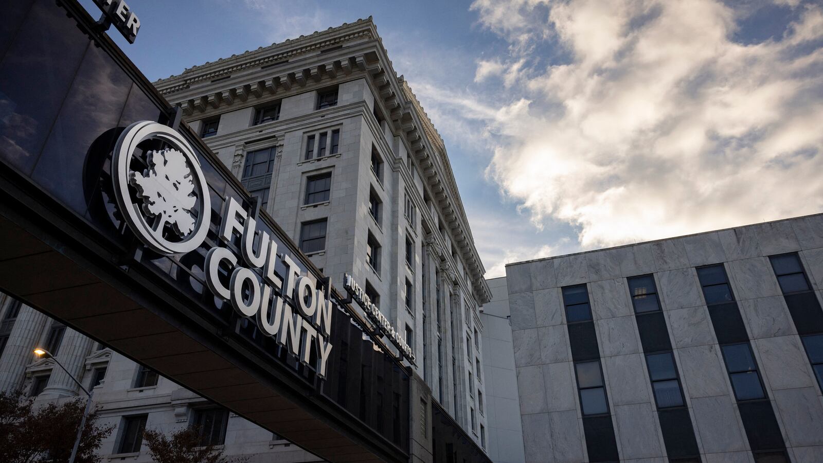 Clouds roll over the Fulton County Courthouse on November 27, 2023 in Atlanta, Georgia.