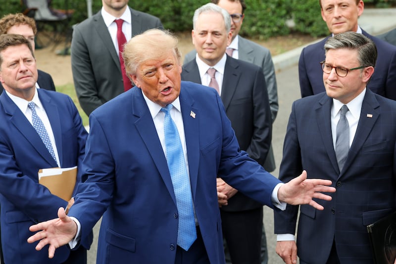 U.S. President Donald Trump holds a press briefing with AI executives following a meeting on artificial intelligence, outside the West Wing of the White House on September 29, 2026 in Washington, DC.
