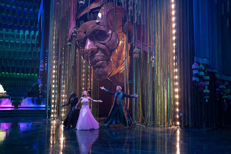 Cynthia Erivo as Elphaba, Ariana Grande as Glinda, and Jeff Goldblum as The Wizard of Oz.