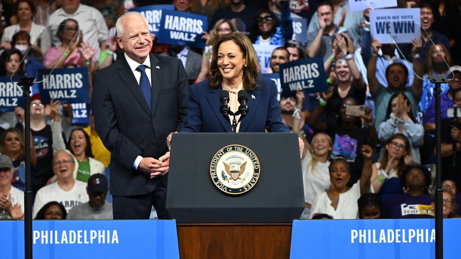 Democratic presidential nominee Vice President of the United States Kamala Harris and her running mate Minnesota Gov. Tim Walz (L) on stage at a campaign rally in Philadelphia, Pennsylvania, United States on August 6, 2024.