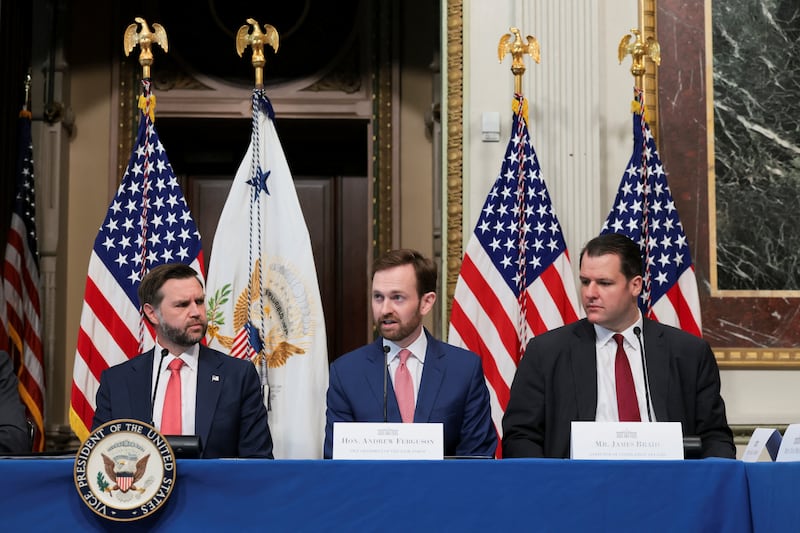 Federal Trade Commission Chairman Andrew Ferguson, flanked by U.S. Vice President JD Vance and White House Director of Legislative Affairs James Braid, speaks during a roundtable with members of Congress on U.S. President Donald Trump's administration's anti-fraud initiatives, in the Indian Treaty Room of the Eisenhower Executive Office Building (EEOB) on the White House campus in Washington, D.C., U.S., August 5, 2026. REUTERS/Kylie Cooper