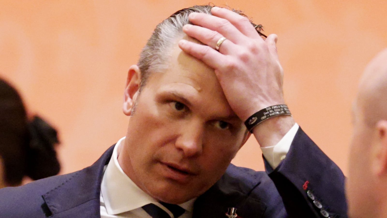 U.S. Secretary of Defense Pete Hegseth reacts prior to a state banquet hosted by Chinese President Xi Jinping at the Great Hall of the People on May 14, 2026 in Beijing, China.