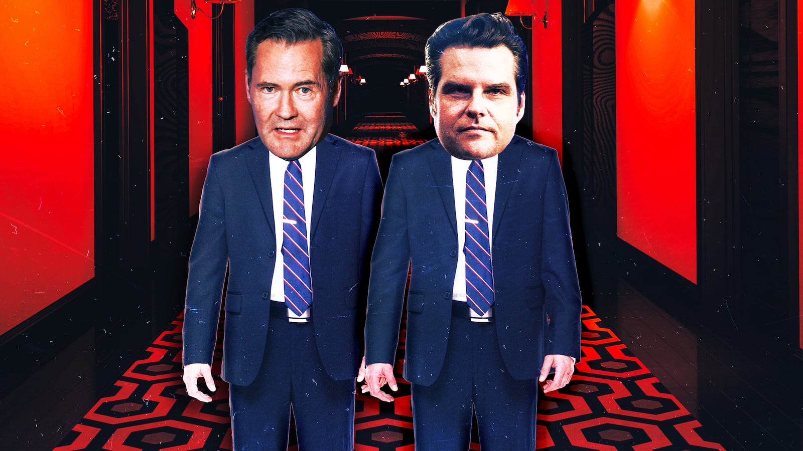 A photo illustration of Mike Waltz and Matt Gaetz in the hallway similar to the “The Shining” film.