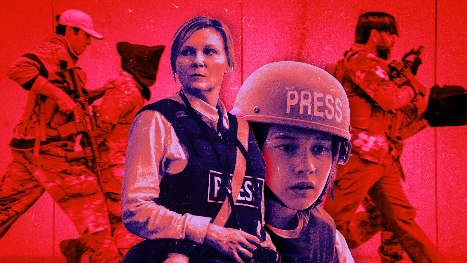 A photo illustration of Kirsten Dunst and Cailee Spaeny in A24’s Civil War.