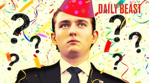 A photo illustration of Barron Trump with birthday confetti and hat for The Daily Beast podcast.