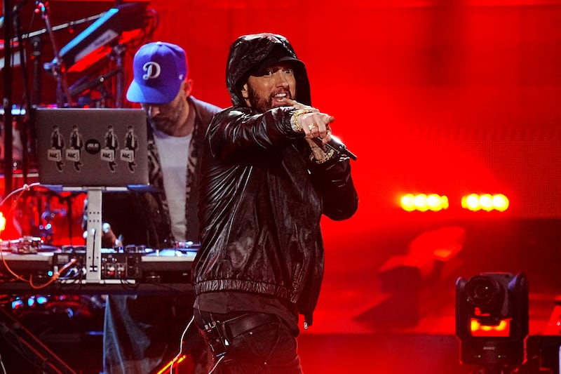 Eminem performs on stage during the 37th Annual Rock & Roll Hall Of Fame Induction Ceremony