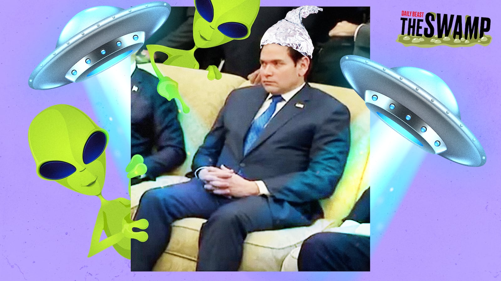 A photo illustration of Marco Rubio surrounded by aliens and UFOs in the Oval Office.