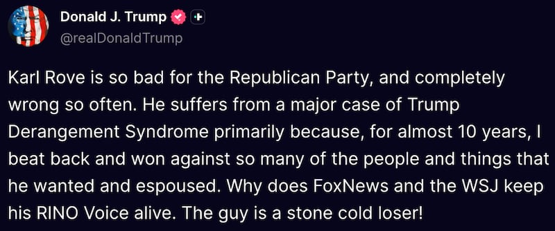 Trump appeared to react to Rove crossing party lines.