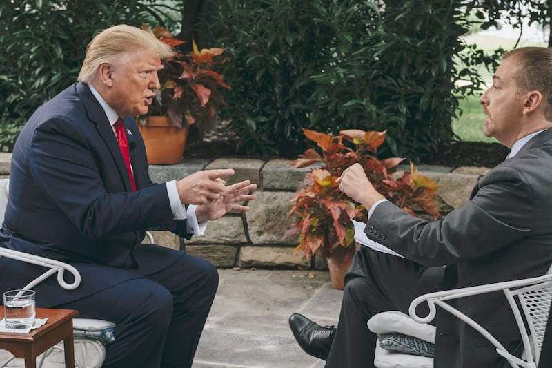 President Donald Trump speaks with moderator Chuck Todd at the White House for "Meet the Press" in Washington, D.C., Friday, June 21, 2019.