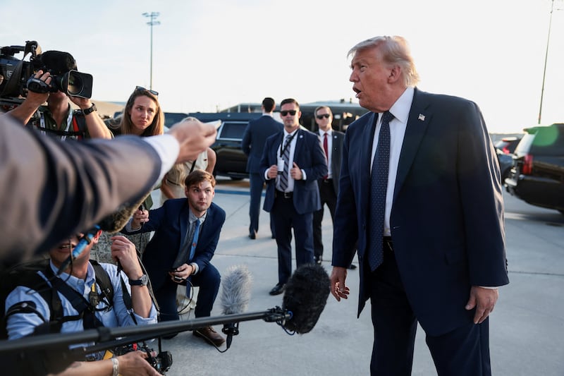 U.S. President Donald Trump speaks to the media upon arrival at Paris Orly airport, following the G7 Summit, in Orly, France, June 17, 2026.