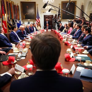 WASHINGTON, DC - MAY 27: U.S. President Donald Trump (C-L) speaks during a Cabinet meeting in the Cabinet Room of the White House on May 27, 2026 in Washington, DC. Trump meets with his Cabinet days after saying a peace deal with Iran was “largely negotiated” amid expectations around the re-opening the Strait of Hormuz. (Photo by Win McNamee/Getty Images)